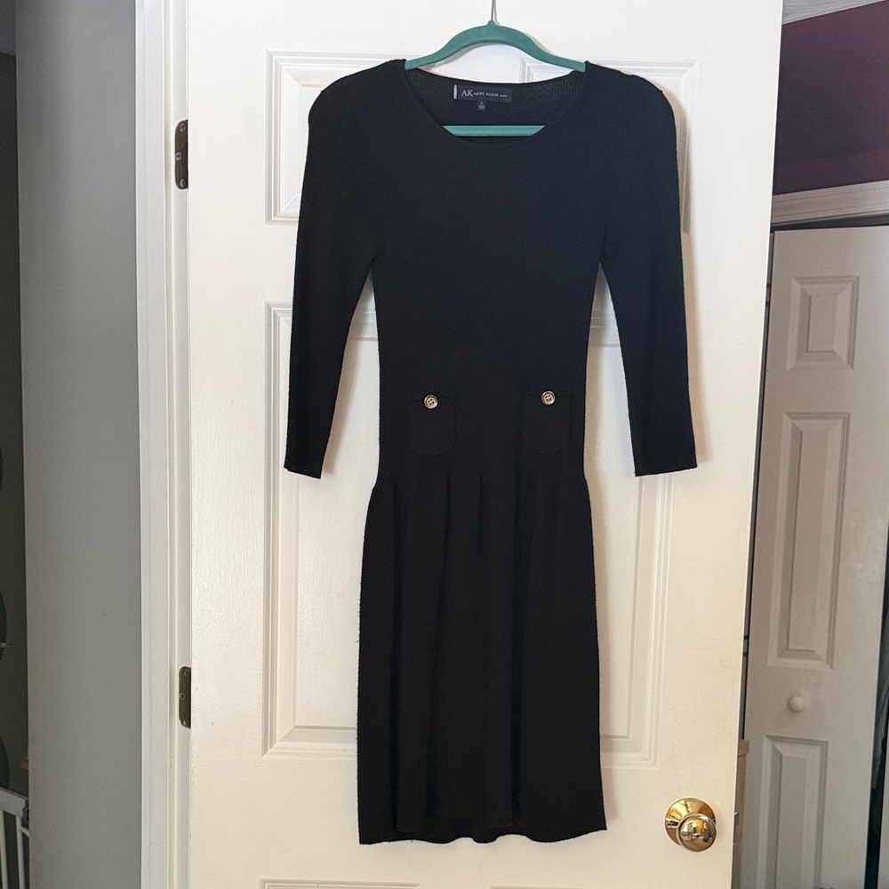 Anne Klein Black Long-Sleeve Ponte Sheath Dress with Gold Buttons